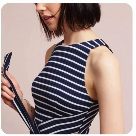 Anthropologie x Hutch M Kinsley Cutout Dress Striped Stretch Fit&Flare Navy Blue - Picture 3 of 8